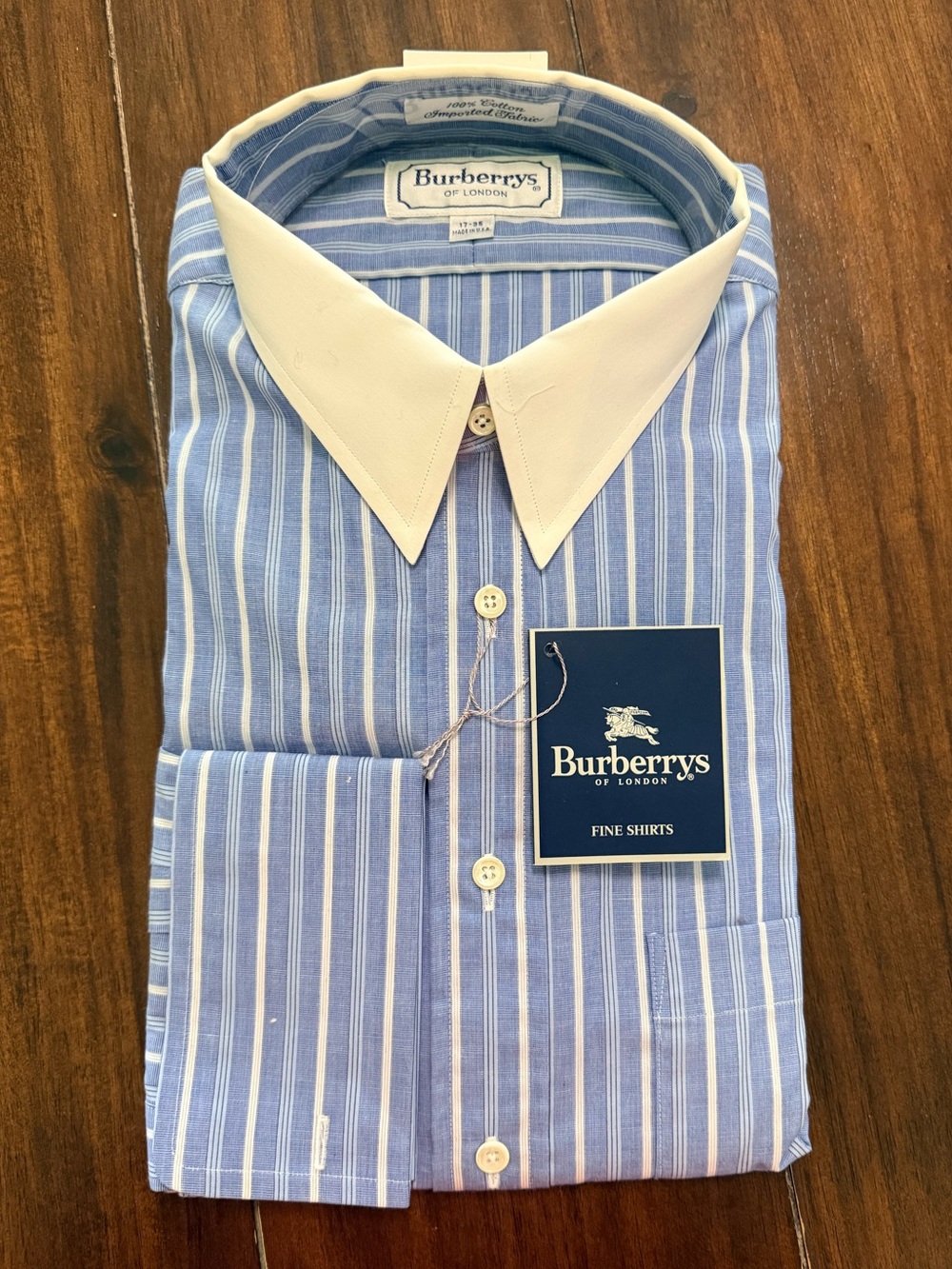 NWT Vintage Burberry Blue & White Striped Dress Shirt with White Contrast Collar